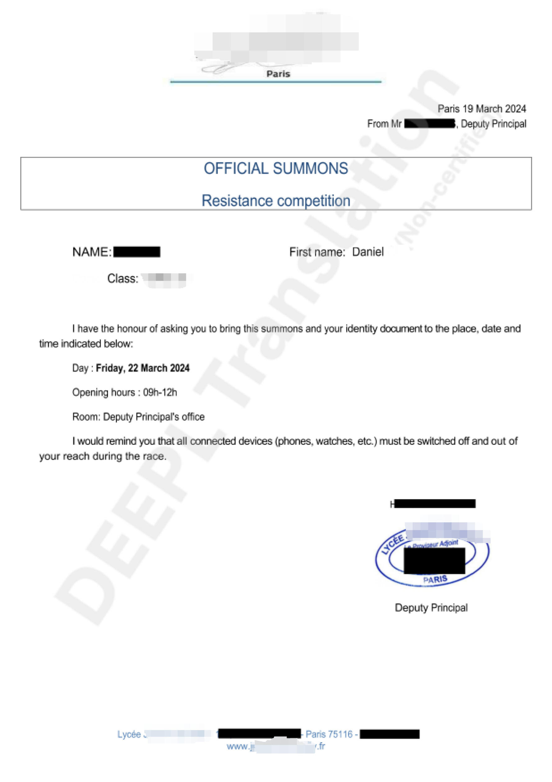 This so-called “ school Resistance competition” does not exist! ThI falsified document was printed on official school paper, bore the school’s official stamp, and handed to a minor student.